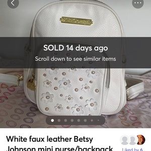 SOLD!!! Mercari White faux leather Betsy Johnson mini purse/backpack pearls/flor